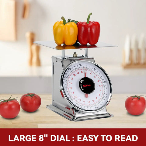 44 Lbs Stainless Steel Mechanical Kitchen Scale Built Like A Tank For Precise Portion Control Heavy Duty Produce Scale With Durable Stainless Platform Rust Resistant Body And Clear Dial showcasing large 8-inch dial with red and yellow peppers on platform