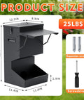 2 Pack Heavy Duty Automatic Dog Feeder With Tight Seal Lid 25 Pound Capacity Weather Resistant, shown with dimensions and tools.