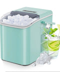 Hella Fast Portable Ice Maker With Built In Handle Makes Twenty Six Pounds Fresh Ice Daily, sleek mint green design with ice cubes.