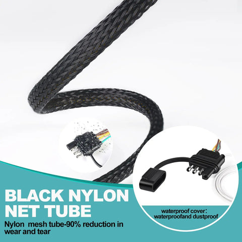 Close-up of 22Ft 4 Pin 5 Wire Trailer Wiring Harness with Nylon Net Tube, showcasing waterproof copper wires and corrosion resistance.