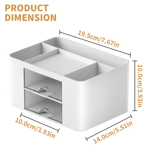 Pen Organizer With 2 Drawers For Desk, Multi Functional Pencil Holder With 5 Compartments Top Tray And Notebook Holder, White