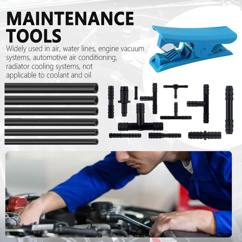 Six Piece 4.9 Ft Vacuum Hose Kit For Automotive Air And Water Lines With 64 Connectors And One Tube Cutter shown