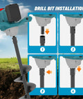 Cordless Post Hole Digger For 18V Battery Systems showing drill bit installation steps on farmland