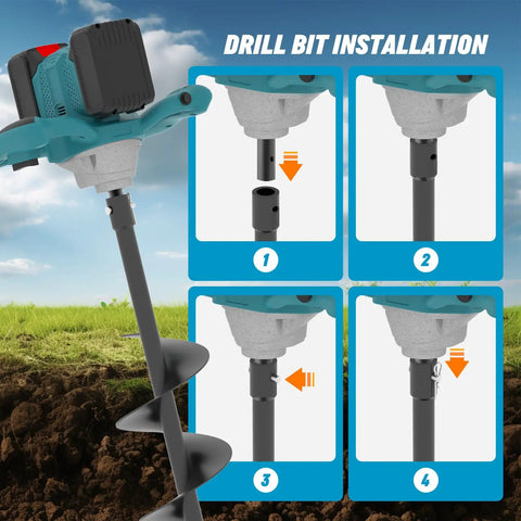 Cordless Post Hole Digger For 18V Battery Systems showing drill bit installation steps on farmland