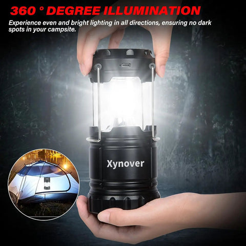 Hand holding 4 Pack Solar Camping Lanterns Rechargeable LED With USB Solar And AA Battery Power Bank Function glowing in dark