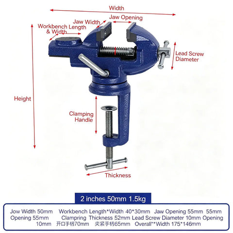 Compact Table Vise For Small Wood And Metal Projects 50mm Clamp Width Handy Clamp Tool For Hobbyists Quick Secure Holding No Fuss Craft And Workshop Helper For DIY Woodworking, blue cast iron vise with 55mm jaw opening