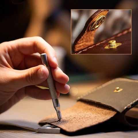 Installing 15mm metal snap buttons on leather using setter tools from the Leather Snaps And Fasteners Kit for sewing projects.