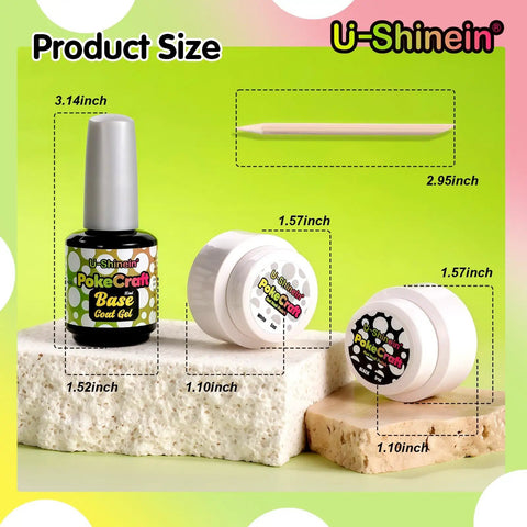 DIY Poke Gel Nail Polish Kit With Base Coat And Wood Sticks for creative nail art; product size dimensions displayed