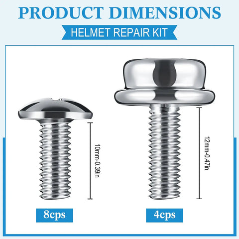 12 Pack Stainless Steel Helmet Screws For Football And Hockey Visors, 12mm And 10mm Facemask Hardware Kit dimensions shown