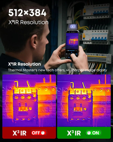 Person using Dual Lens Android Thermal Camera With IR Eraser, 512x384 Sensor, showing heat detection on electrical panel.