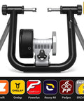 Smart Bike Trainer Stand For 26 To 29 Inch And 700C Wheels With Bluetooth 4.0 And ANT Plus Connectivity, front view with app icons