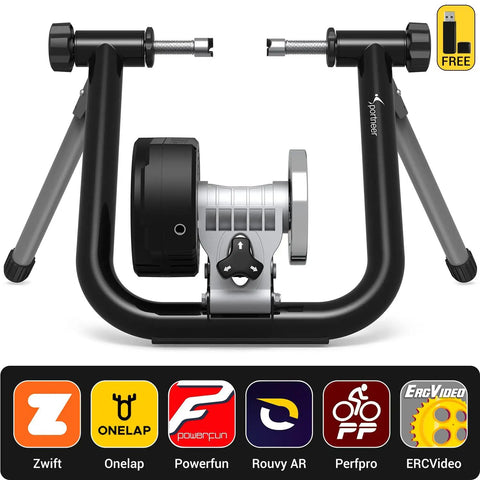 Smart Bike Trainer Stand For 26 To 29 Inch And 700C Wheels With Bluetooth 4.0 And ANT Plus Connectivity, front view with app icons