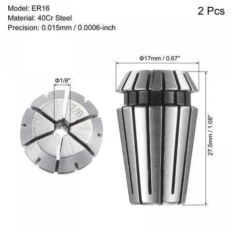 ER16 Spring Collet One Eighth Inch Clamping Diameter For CNC Milling Engraving Lathe Machines Pack Of Two 40Cr Steel High Precision 0.015mm