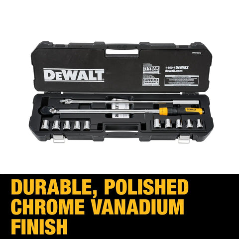 Torque Wrench And Socket Set For Auto Projects 50 To 250 Ft Lb Range Locking Trigger Comfortable Bi Material Grip Direct Torque Technology On Sockets 12 Piece Kit With Durable Storage Case open case