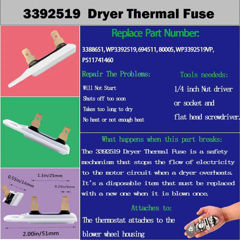 Dryer Thermostat And Thermal Fuse Kit With 3387134 Thermostat And 3977393 3392519 Fuses 3977767 Thermostat For Whirlpool Kenmore