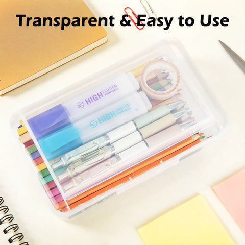 Top view of Double Layer Clear Hard Pencil Case With Snap Tight Lid For Pens Pencils Markers Crayons And Other School Office Supplies A Must Have Organizer Box With Plenty Of Room Standard Size Yellow, filled with stationery.