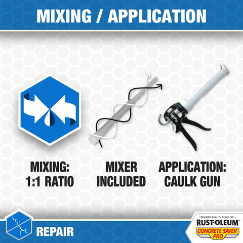 Concrete Crack Repair Sealant Quick Set Pro 8.6 Oz Limestone mixing instructions showing mixer and caulk gun application.