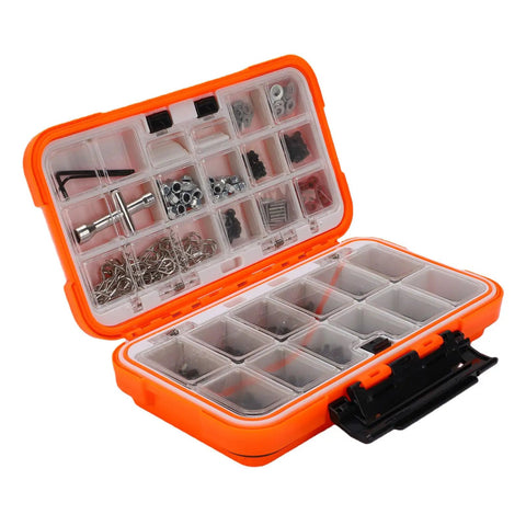Universal 537 Piece RC Screw Kit With Stainless Steel Hardware For One Eighth One Tenth One Twelfth One Sixteenth Scale RC Cars Trucks And Crawlers M3 M4 Screws Nuts Bolts Washers Double Sided Storage Case orange case open with assorted hardware