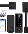 Smart Door Lock With Full Handle Set And Fingerprint Access, Keyless Entry, Bluetooth Front Handle, black color components
