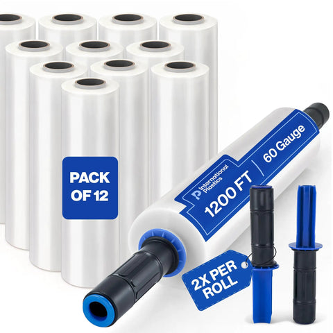 15 Inch Stretch Film Wrap Pack of 12 With Extended Tension Handles 1200 Feet Each Clear Cling Wrap for Moving and Packing Heavy Duty Pallets