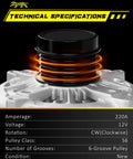 Beefed-Up 220A 12V Alternator With 6-Groove Clutch Pulley, technical specifications listed including 220A and 12V.