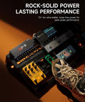 DP 3 Multi Output Guitar Pedal Power Supply With 10 Isolated DC Outputs for 9V, 12V, 18V Effects Pedals on pedalboard with shoe