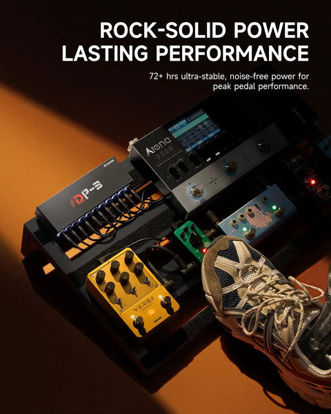 DP 3 Multi Output Guitar Pedal Power Supply With 10 Isolated DC Outputs for 9V, 12V, 18V Effects Pedals on pedalboard with shoe