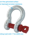 Galvanized D-ring shackle with red screw pin, highlighting burr-free surface, 1 ton working load limit, part of 2 Pack Three Eighths Inch D Ring Shackles With Screw Pin, One Ton Working Load Limit, Galvanized Heavy Duty Shackles For Tow Straps, Winches, Vehicle Recovery, Rigging And Off Road Gear.