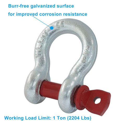 Galvanized D-ring shackle with red screw pin, highlighting burr-free surface, 1 ton working load limit, part of 2 Pack Three Eighths Inch D Ring Shackles With Screw Pin, One Ton Working Load Limit, Galvanized Heavy Duty Shackles For Tow Straps, Winches, Vehicle Recovery, Rigging And Off Road Gear.