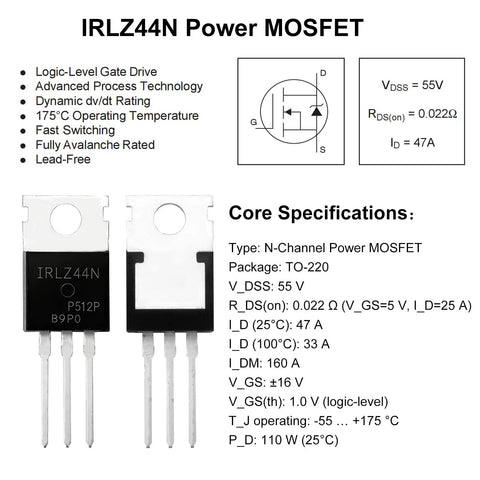 Logic Level MOSFET Kit With 12 Pieces, High Current 47A 55V Transistors For DIY Projects, Arduino And Raspberry Pi Friendly, IRLZ44N Compatible, Easy Microcontroller Drive, Fast Switching For Power Control; TO-220 package