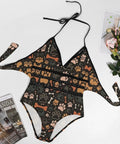 One Piece Swimsuit For Women Retro Dog Paw Bone Print High Waist Wrap Design Yacht Ready Beachwear displayed on a flat surface
