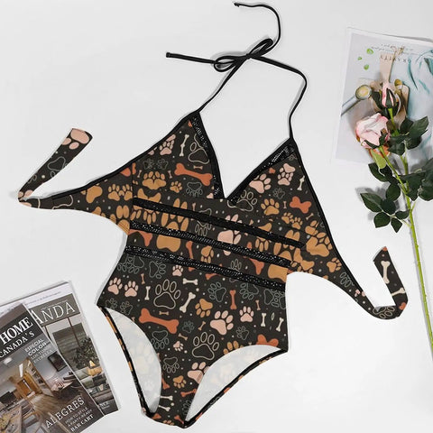 One Piece Swimsuit For Women Retro Dog Paw Bone Print High Waist Wrap Design Yacht Ready Beachwear displayed on a flat surface