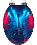 Elongated Toilet Seat Resin for Man Cave featuring a black guitar and drums under colorful stage lights.