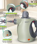 Close-up of Hella Efficient Handheld Pressurized Steam Cleaner With Auto Spray Mode and 13 Piece Kit showcasing controls and safety features.