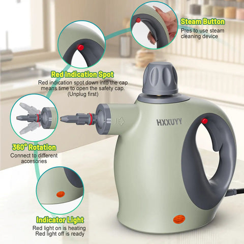 Close-up of Hella Efficient Handheld Pressurized Steam Cleaner With Auto Spray Mode and 13 Piece Kit showcasing controls and safety features.
