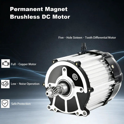 Kick Ass Brushless Differential Motor For Electric Trike And Go Kart Vehicle Featuring Pure Copper Coils 16T Gear Shaft 60V 1500W Diy Custom Build close-up view of motor with copper coils and gear shaft