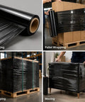 Heavy Duty Black Stretch Wrap Film 50 Cm Roll For Moving And Shipping Secure Cartons Furniture Parts With Hella Strong Self Adhesive Hold For Real Deal Users shown wrapping boxes and furniture.