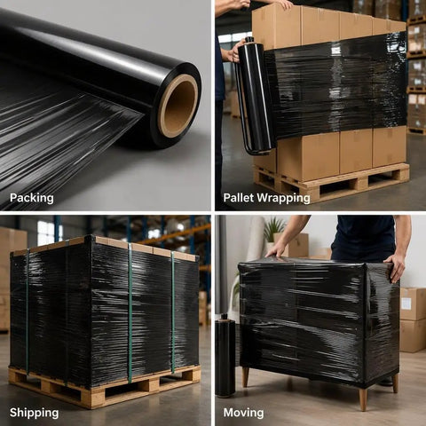 Heavy Duty Black Stretch Wrap Film 50 Cm Roll For Moving And Shipping Secure Cartons Furniture Parts With Hella Strong Self Adhesive Hold For Real Deal Users shown wrapping boxes and furniture.