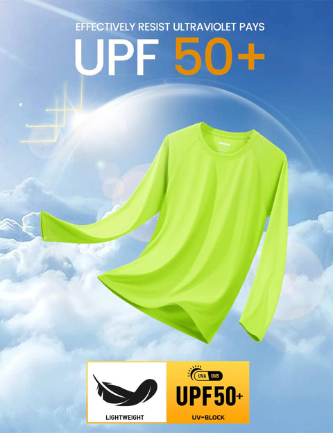 Men's Long Sleeve UV Protection Baselayer Shirt For Running And Hiking, UPF 50+, Fluorescent Green, Floating Against Sky