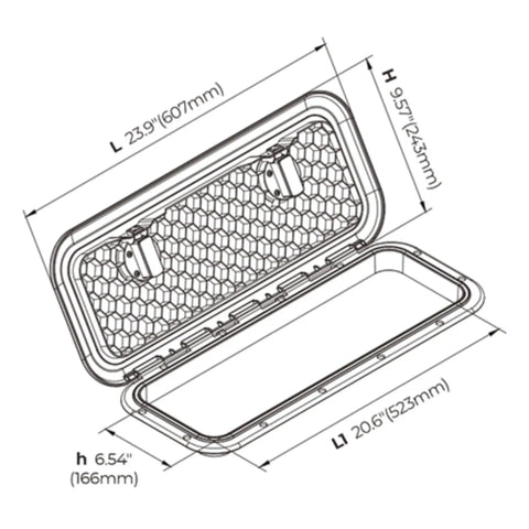Built To Last Marine Deck Access Hatch Rectangular With Non Slip Lid 9.57 x 23.9 Inches technical drawing dimensions