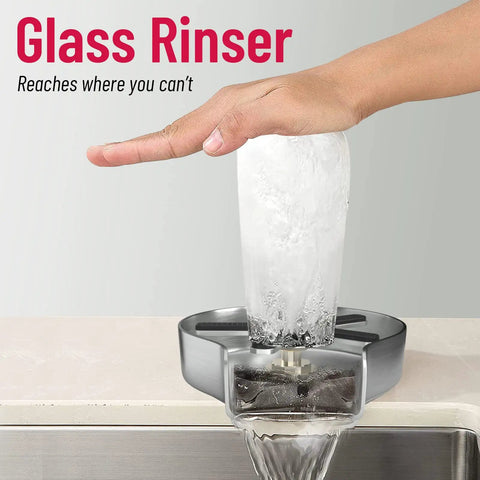 Hand pressing glass on Premium Stainless Steel Kitchen Sink Glass Rinser With Nine High Pressure Sprayer Holes And Multi Angle Jet Streams