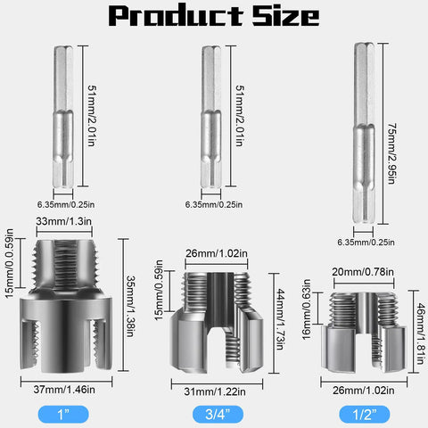 Pro Grade All In One Pipe Thread Cutting Tool With Integrated Internal And External Threading PVC PPR MPP Tubing Electric Drill Compatible Threader Kit Includes Three Sizes One Half Inch Three Quarter Inch And One Inch