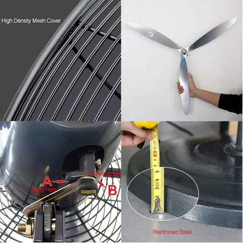 Heavy Duty Industrial Pedestal Fan With Rock Solid Aluminum Blades And Wide Swing Oscillation, 3 Speed High Velocity Floor Standing Unit showcasing mesh cover, aluminum blades, and reinforced base.