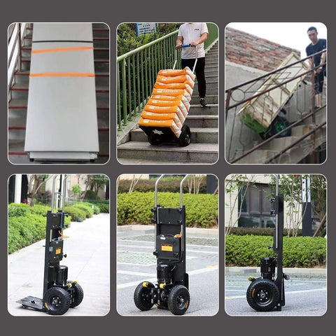 Heavy Duty Electric Stair Climbing Hand Truck With Brushless Motor And Stepless Speed Control For Moving Furniture Up Or Down Stairs Effortlessly Featuring High Capacity Battery Display And 150 To 400 Kg Lifting Power For Pros Who Need Real Muscle On The in action carrying bags up stairs.