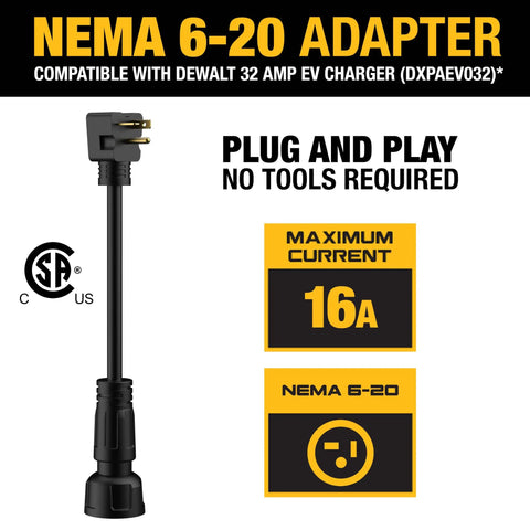 NEMA 6 20 Adapter For 16A 240V Home And Portable EV Chargers, shown with plug and play design, no tools required.