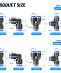 Diagram of 40 Piece Push To Connect Pneumatic Fittings Kit For One Quarter Inch OD And Six Millimeter OD displaying size and type
