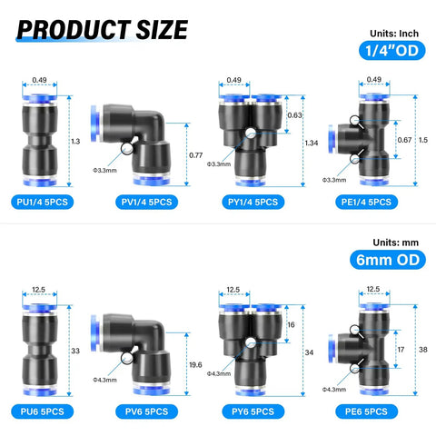 Diagram of 40 Piece Push To Connect Pneumatic Fittings Kit For One Quarter Inch OD And Six Millimeter OD displaying size and type