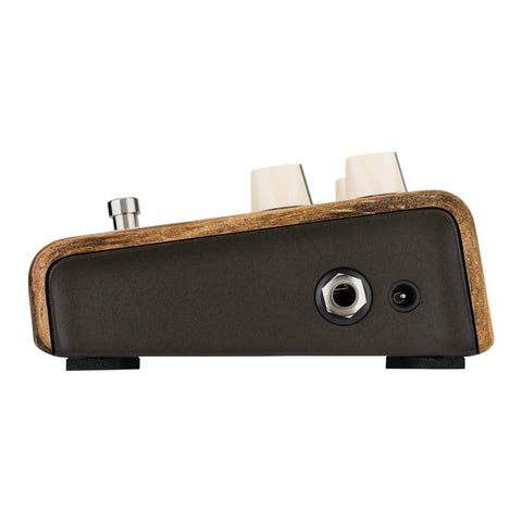 Side view of Align Session Acoustic Guitar Effects Pedal Delivers Analog Saturation For Warmth With Pro Grade Compression And EQ Adjustable Gain For Passive Or Active Pickups Engage Footswitch For Affected Signal Or True Bypass Plus Handy Volume Control, showing input jack and controls.