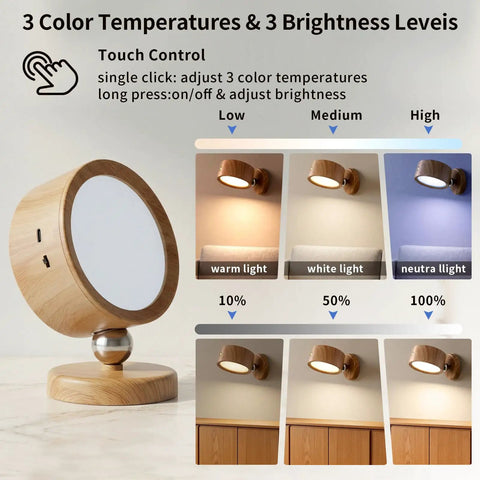 USB Rechargeable Wall Light Set Two Pack With 360 Degree Rotating Magnetic Heads Adjustable Sconce Lighting Featuring Three Color Temperatures and Stepless Dimming Remote Control For Bedroom Hallway Bedside shown with color temperature options and touch control.