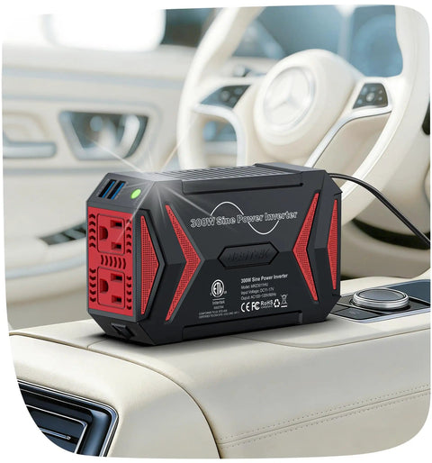 Pure Sine Wave Power Inverter 300W Car Charger Plug In Outlet 12V To 110V AC with USB Ports on car console